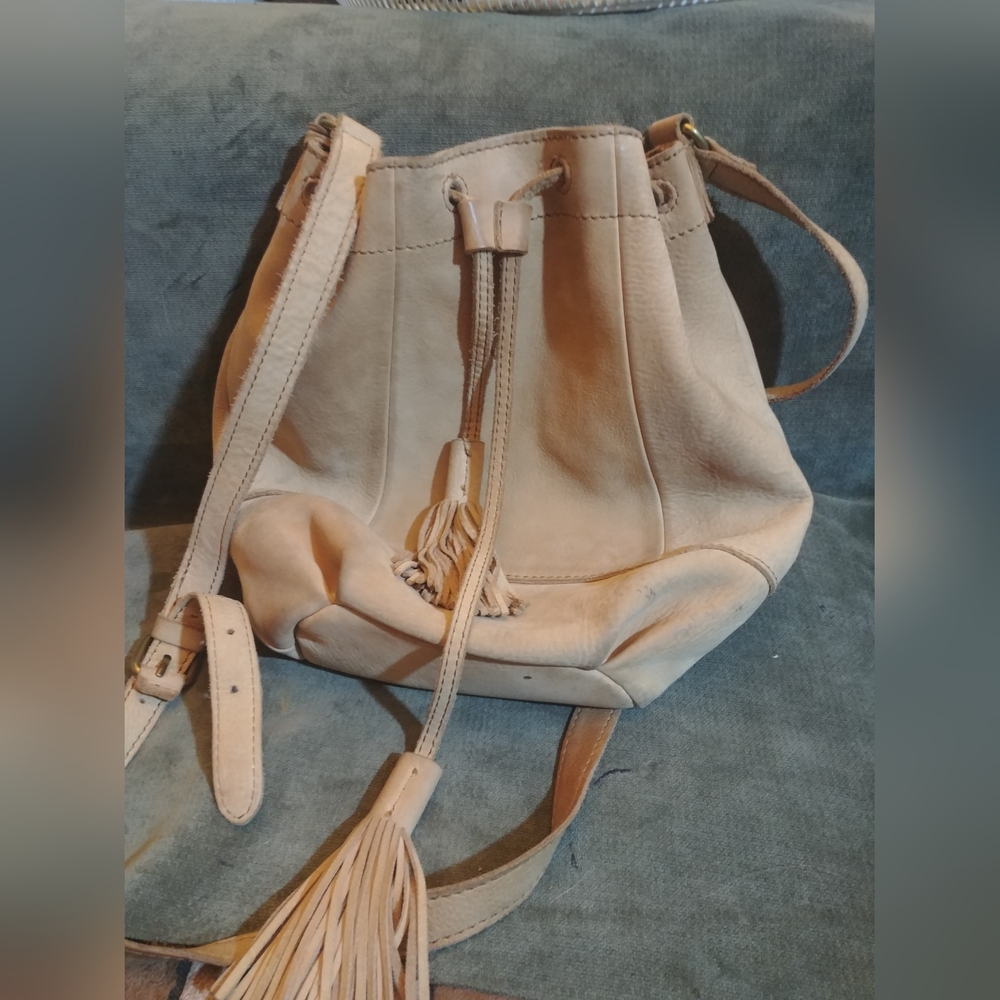 Lucky Brand Beige Tassel Drawstring Bucket Bag